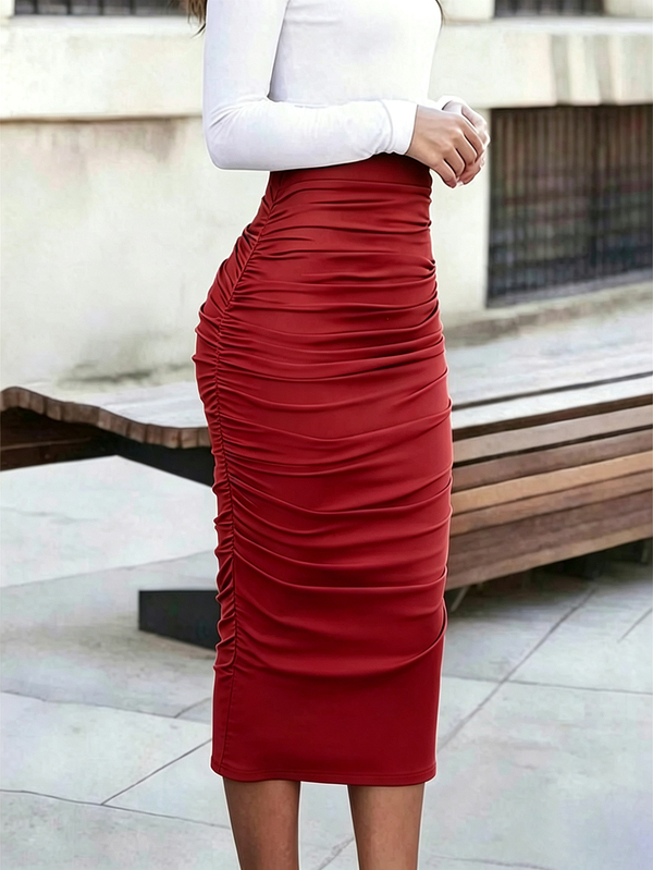 EMERY ROSE Women's Solid Red Fitted Ruched Sexy Skirt