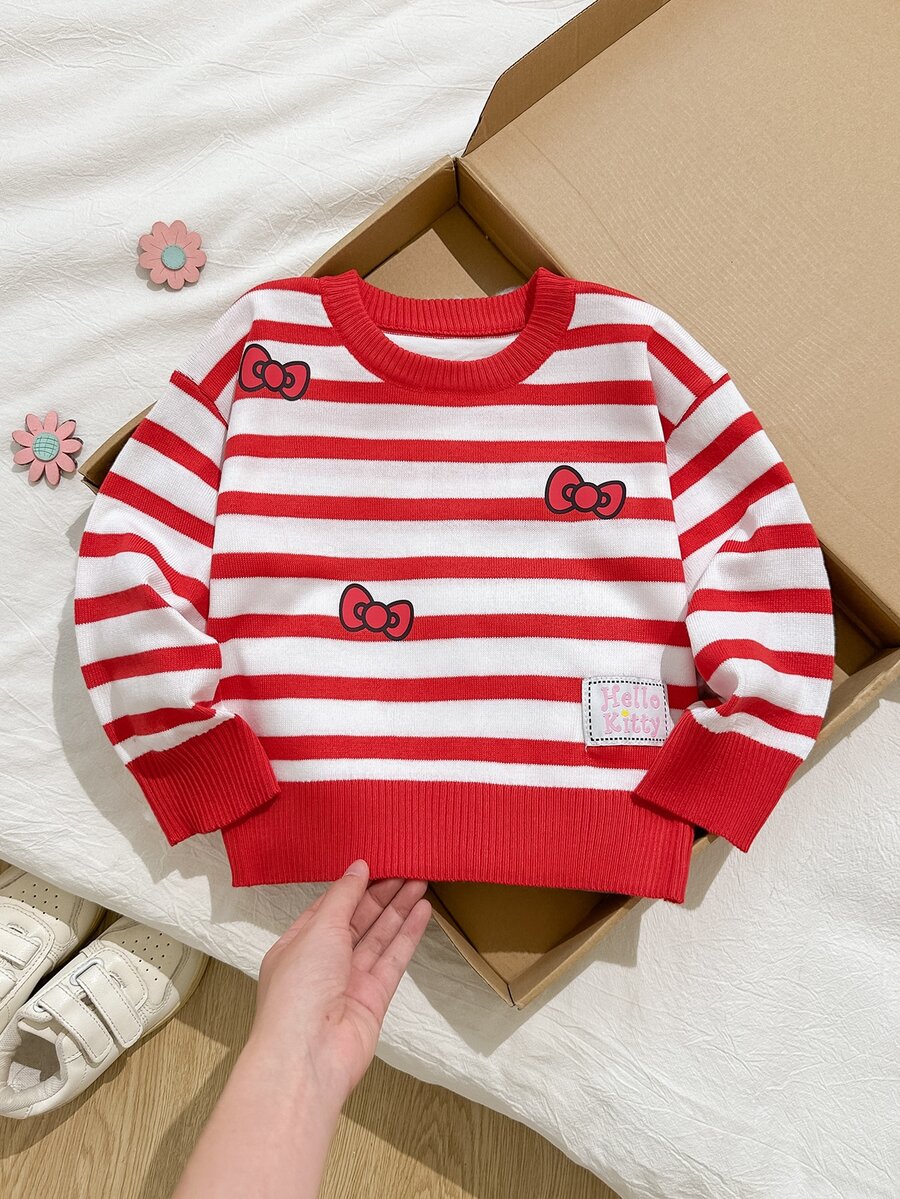 HELLO KITTY AND FRIENDS | SHEIN GraphicGems 女童秋冬休閒拼色條紋蝴蝶結印花針織衫 - 粉色 - 查看 1