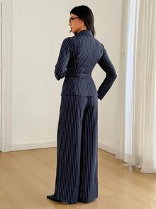 SHEIN Tall Women's Navy Striped Long-Sleeve Business Suit Set (Two Pieces) For Autumn - Navy Blue - View 2