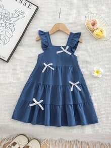 SHEIN 1 buah Gaun Tank Tanpa Lengan Gaya Putri Premium Kasual untuk Anak Perempuan dengan Pita - Biru - View 1