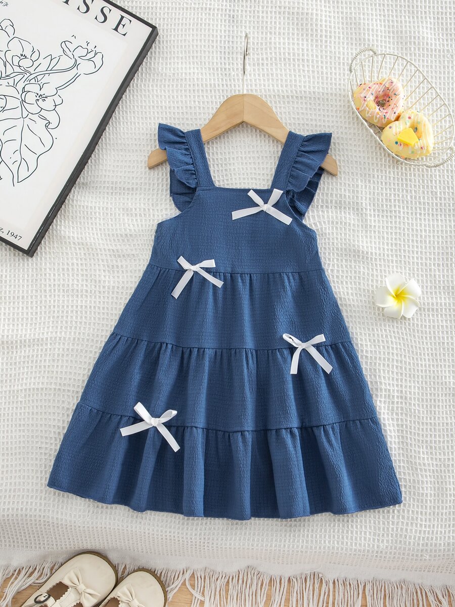 SHEIN 1 buah Gaun Tank Tanpa Lengan Gaya Putri Premium Kasual untuk Anak Perempuan dengan Pita - Biru - View 1
