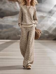 SHEIN Setelan Wanita Musim Gugur/Dingin, Pullover Leher Bulat Motif Leopard, Sweater Longgar Kasual Vintage dan Celana Panjang, 2 Potong - Aprikot - View 1