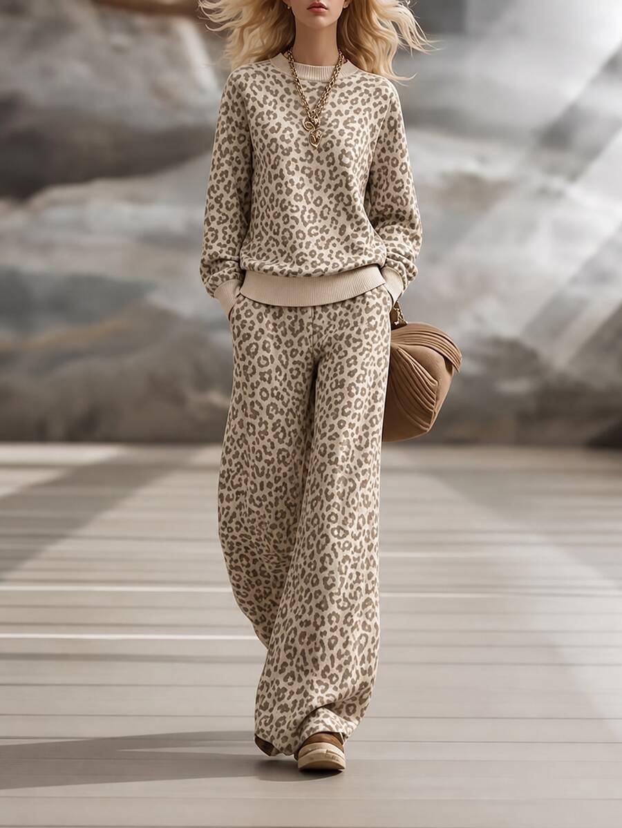 SHEIN Setelan Wanita Musim Gugur/Dingin, Pullover Leher Bulat Motif Leopard, Sweater Longgar Kasual Vintage dan Celana Panjang, 2 Potong - Aprikot - View 1