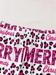 SHEIN Piyama Natal Musim Gugur/Dingin untuk Remaja Perempuan, 2 Potong, Pas Badan, Lengan Panjang dan Celana, Motif Huruf - Putih - View 4