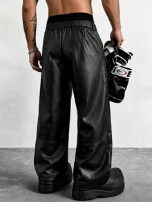 PAVTROS Men's Fashion Spider Web Embroidery Patchwork Long Pants - Black - View 2