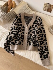 CosyJoli Women's Versatile Vintage Leopard Print Button-Up Knit Cardigan - Khaki - View 1