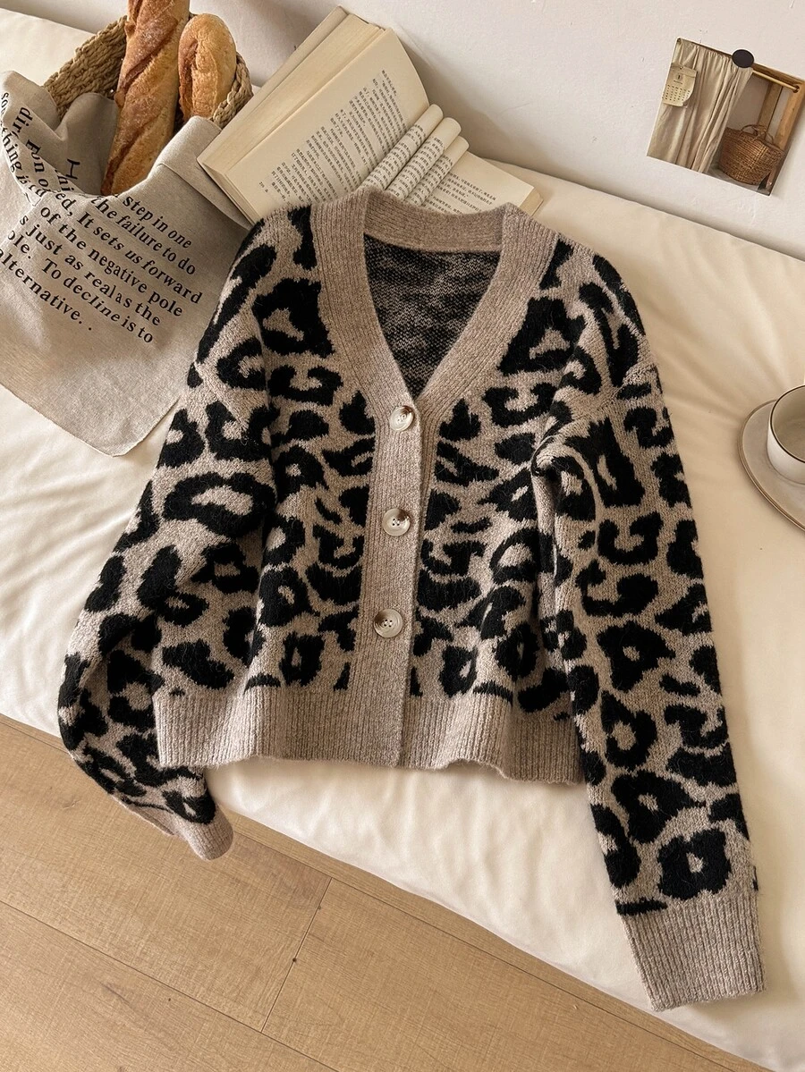 CosyJoli Women's Versatile Vintage Leopard Print Button-Up Knit Cardigan - Khaki - View 1