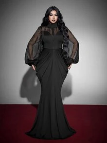 Whyspr Plus Size Black Fitted Long Sleeve Patchwork Halloween Long Dress For Women Fall - Black - View 5