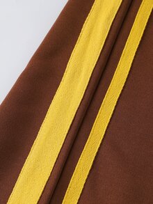 SHEIN 青少年女孩2件套 寬鬆拉鍊連帽外套＋寬腿運動長褲 針織休閒秋季韓風拼接色字母條紋夾克 黃色/棕色 - 彩色 - 查看 7