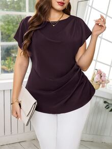 Reflora Plus Size Minimalist Pleated Waist Blouse For Office And Commute - Maroon - View 3