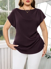 Reflora Plus Size Minimalist Pleated Waist Blouse For Office And Commute - Maroon - View 5