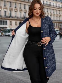 SHEIN Clasi Plus Size Casual Plaid Jacket, Autumn Fall - Navy Blue - View 9
