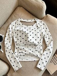 INAWLY Plus Size Women's Polka Dot Print Twist Front Backless Top With Padded Cups - White - View 1