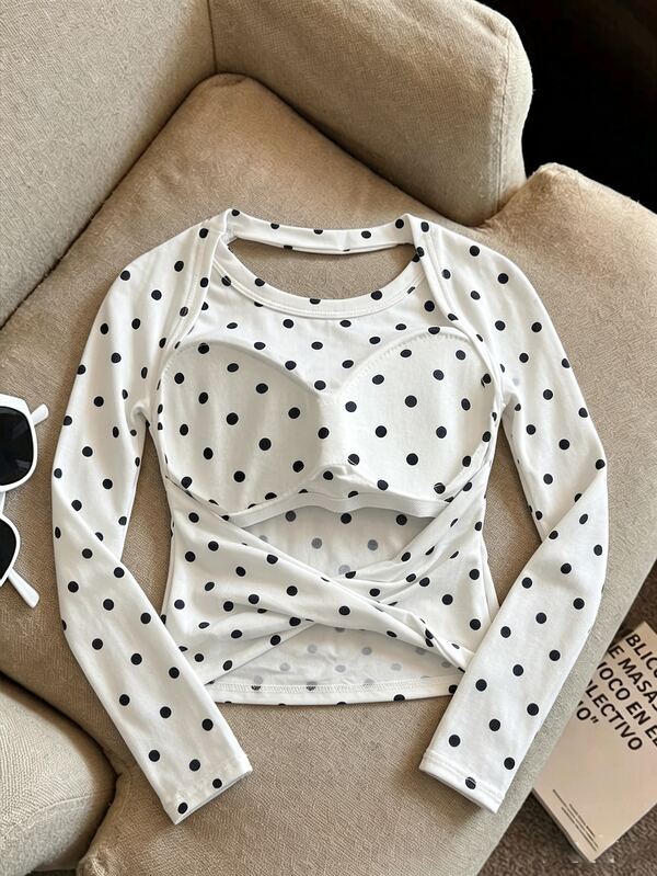 INAWLY Plus Size Women's Polka Dot Print Twist Front Backless Top With Padded Cups