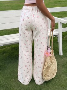 SHEIN Kids Tween Girl Girls' Black Polka Dot White Denim Loose Long Pants - Multicolor - View 2
