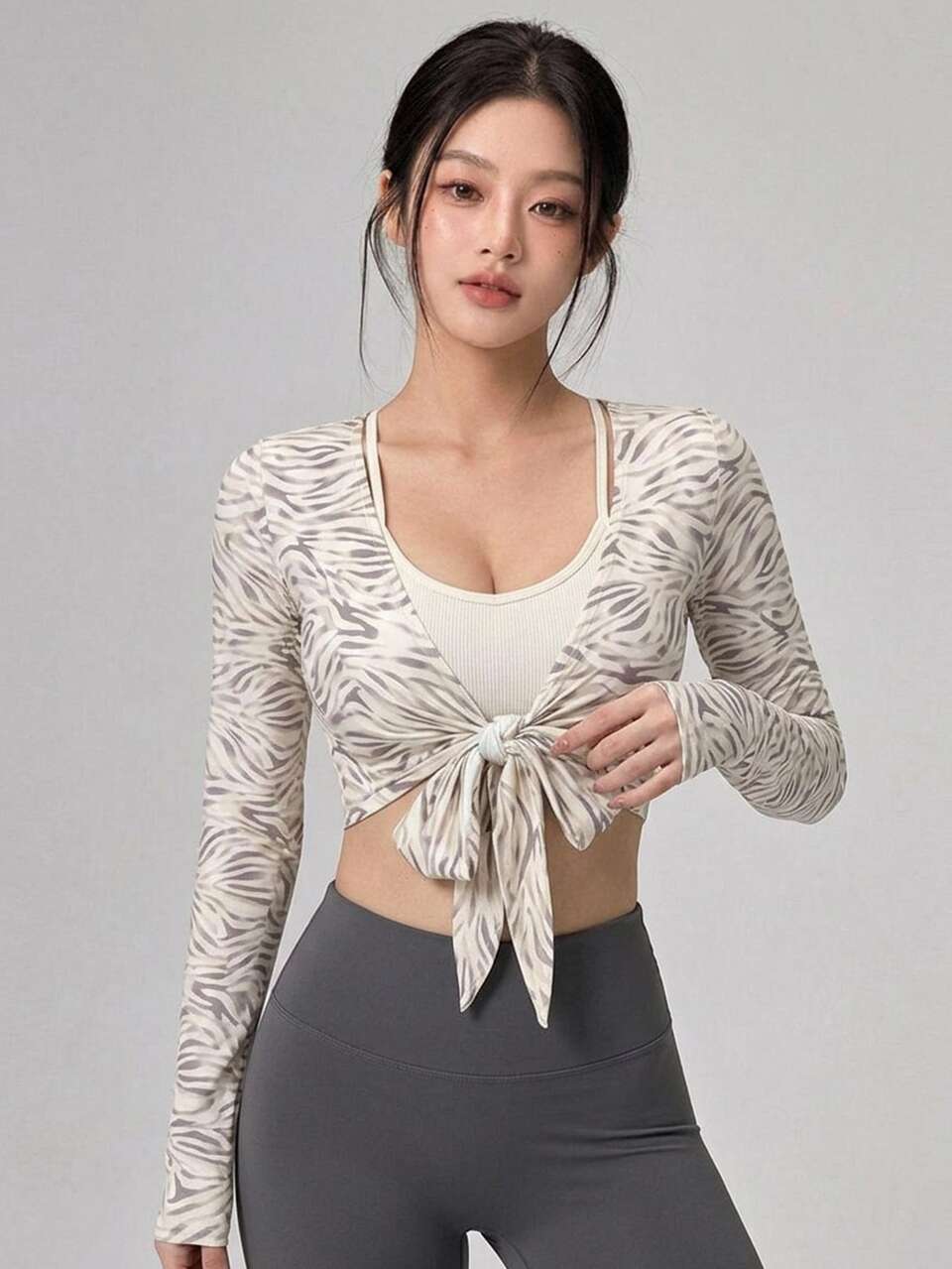 Versatile Korean Style Zebra Print Lace-Up Long Sleeve Sports Top