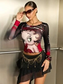 Betty Boop x SHEIN Women's Cartoon Print Long Sleeve Cropped Top - Red and Black - View 3