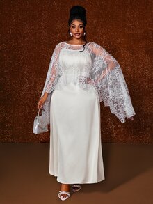 Maweii Gaun Pesta Formal Wanita Ukuran Plus Eropa Tanpa Tali Model A-Line Elegan dengan Selendang Renda Putih, Set 2 Potong, Pernikahan Musim Gugur Serba Putih - Putih - View 5