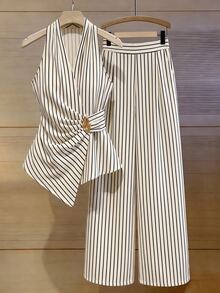 Linhara Plus Size Women's Sleeveless Two Pieces Set, Pleated Design, Blue White Stripe Metal Buckle, Zipper, Elastic Waist, Hand Pockets, Straight Leg Pants - Multicolor - View 1