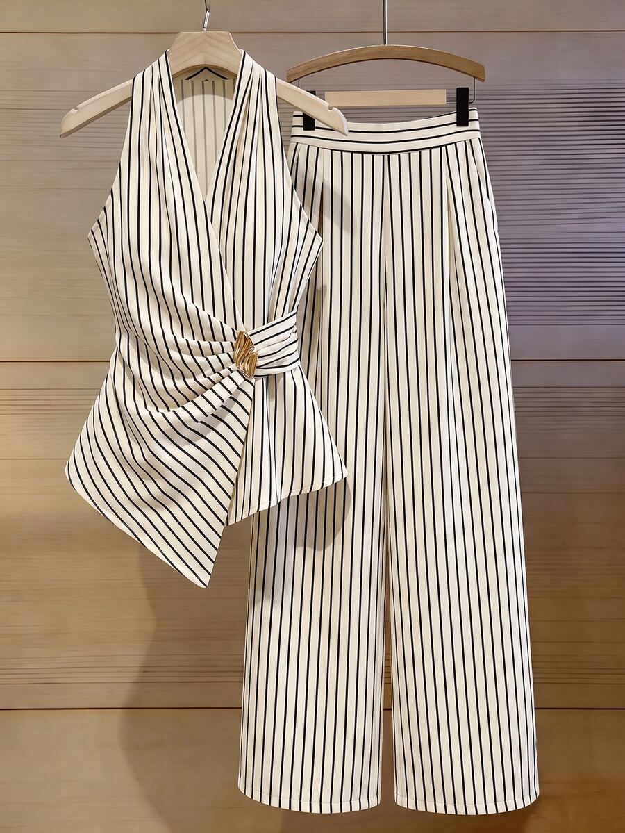 Linhara Plus Size Women's Sleeveless Two Pieces Set, Pleated Design, Blue White Stripe Metal Buckle, Zipper, Elastic Waist, Hand Pockets, Straight Leg Pants - Multicolor - View 1