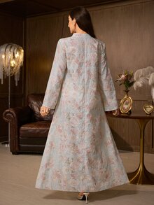 Al Najma Exquisite Embroidered & Printed Loose Fit Flared Women's Turkish Long Shirt & Arabic Traditional Long Shirt - Blue - View 2