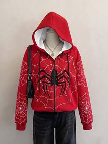 SHEIN EZwear 女款休閒拉鍊寬鬆連帽衛衣，蜘蛛印花，秋季服飾，Y2K通勤穿搭，基礎款，復古，萬聖節裝扮，紅白色 - 彩色 - 查看 6