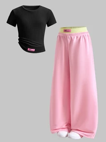SHEIN 少女休閒百搭居家服 北歐風舒適針織圓領無袖短版背心 + 對比色雙腰帶運動長褲套裝 - 黑色 - 查看 6