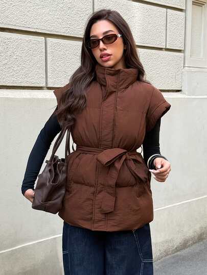 Firerie Abrigo acolchado rojo-marrón cálido para mujer, estilo casual diario minimalista versátil para otoño/invierno, streetwear de oficina, con cuello alto, cremallera, cinturón en la cintura y bolsillos