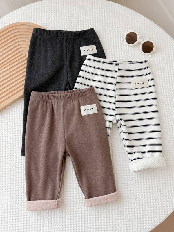 SHEIN 3pcs/Pack Baby Boys Spring/Autumn New Back To School Dark Grey/Coffee/White Minimalist Label Decor, Solid Color / Black & White Fine Stripe Print Fleece Fabric, Elastic Waist Straight Leg Pants, School, Outdoor, Daily Wear, 3 Colors Available Versatile Casual Leggings