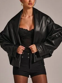 SHEIN BAE Women's Fashion Commuter Night Out Going Out Design Jacket Halloween Black Autumn Casual Rave Grunge - Black - View 6