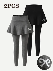 Toddler Girls 2Pcs Fleece Lined Ruffle Skirted Leggings Cozy Bow Print Elastic High Waist Pants For Fall Winter Spring School Daily Dance - Multicolor - View 3