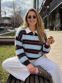 Livesso Korean Style Striped Collared Long Sleeve Sweater For Autumn/Winter - Blue - View 3