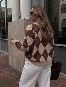 Dazy Plus Brown Colorblock Patchwork Argyle Loose Casual Versatile Pullover Sweater, Autumn/Winter - Brown - View 2