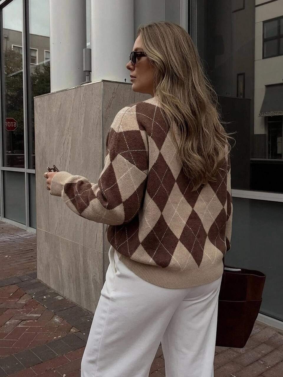 Dazy Plus Brown Colorblock Patchwork Argyle Loose Casual Versatile Pullover Sweater, Autumn/Winter