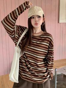 Dazy Plus Autumn New Striped Loose Casual Plus Size T-Shirt - Brown - View 1