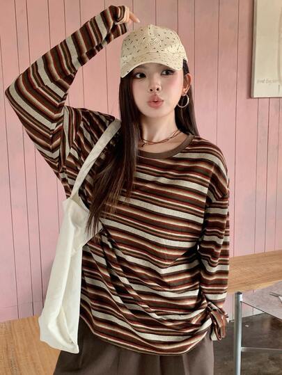 Dazy Plus Autumn New Striped Loose Casual Plus Size T-Shirt