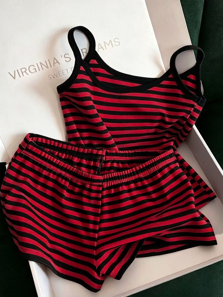 Franclia Women's Striped Camisole Top And Shorts Casual Daily 2 Pieces Set - black red - View 1