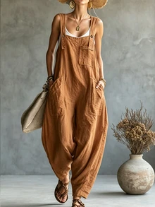 Glimmora Women's Fashion Solid Color Button Strap Pocket Jumpsuit - Yellow - View 7