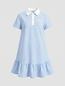 SHEIN 少女休閒舒適立領拼色羅紋素色洋裝，返校季公主風，適合畢業派對、生日派對，Y2K時尚街頭個性甜酷女孩風 - 藍色 - 查看 3