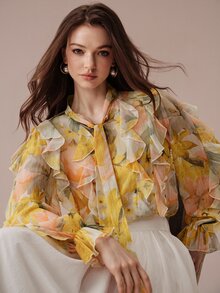BELROSIE Áo blouse tay dài thanh lịch phong cách Âu Mỹ, thời trang mới thu đông, đa năng, in kỹ thuật số sợi kim tuyến, voan chiffon nhiều lớp bèo nhún thắt dây - Nhiều màu - Xem 1