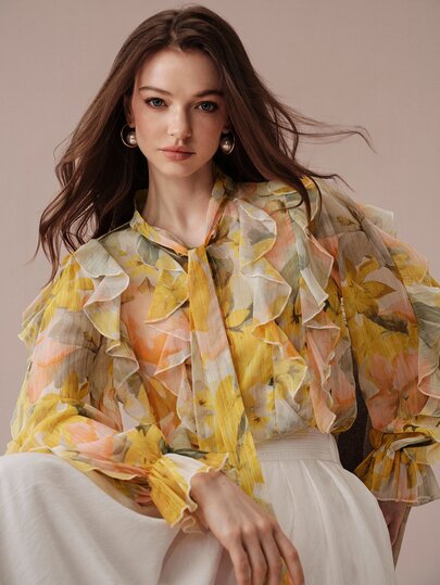 BELROSIE Blus Lengan Panjang Elegan Berlapis-lapis dengan Hiasan Ruffle dan Tali Pengikat, Model Terbaru Gaya Eropa & Amerika untuk Musim Gugur/Dingin.