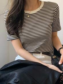 DAZY Women's Striped Short Sleeve T-Shirt, Summer Versatile Loose Round Neck Pullover Top - Rust Brown - View 2