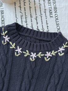 SHEIN 女童手工刺繡麻花針織落肩短版套頭毛衣，柔軟舒適，適合日常穿著、外出、旅行、度假、居家、玩耍、萬聖節與聖誕節 - 藏蓝色 - 查看 3