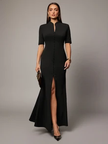 Silquee Women's Button-Up Elegant Dress Suitable For Daily Commute - Black - View 5