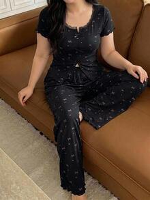 Dazy Plus 2pcs Lace Patchwork Short Sleeve Cardigan Top & Straight Leg Long Pajama Pants Sleepwear Set - Black - View 5