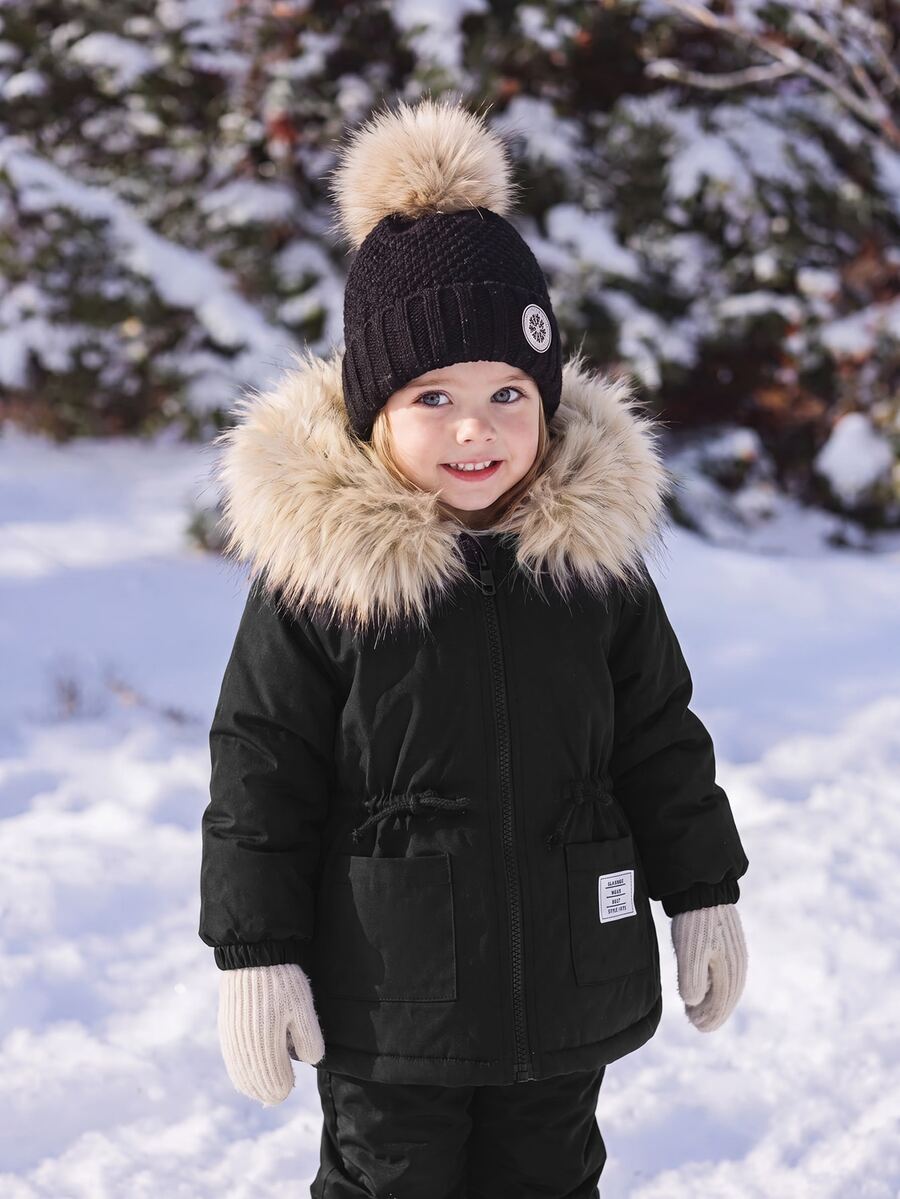Baby Girl Cute Autumn/Winter Versatile Black Thermal-Lined Hooded Fur Collar Jacket - Black - View 1