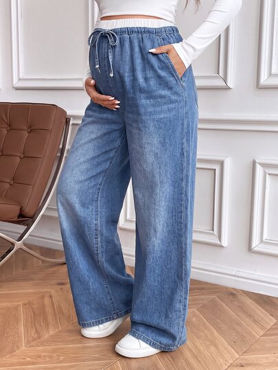 SHEIN Maternity Drawstring Waist Contrast Pocket Denim Jeans Cowgirl Outfit For Women Country