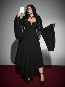 Whyspr Plus Size Hooded Long Sleeve Halloween Gothic Witch Vintage Dress - Black - View 4