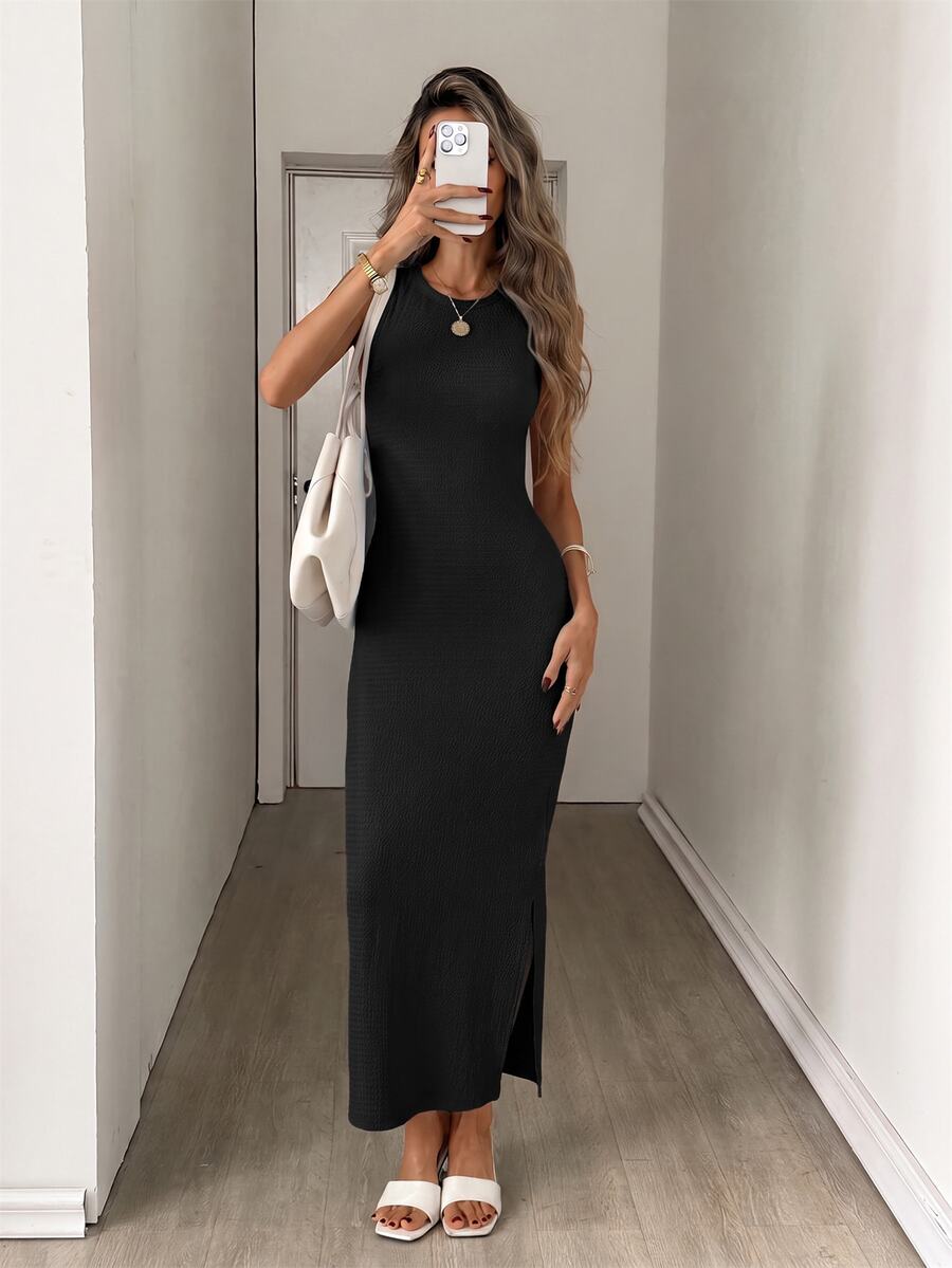 Easowa Women's Solid Color Minimalist Round Neck Side Slit Dress For Vacation - Black - View 1
