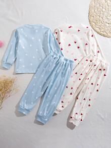 Bộ đồ ngủ bé gái chập chững 4 món ôm vừa vặn cho mùa thu/đông, cổ tròn tay dài và quần dài, họa tiết tim màu ngà và sao xanh nhạt, chất mềm mặc ngủ hàng ngày - Nhiều màu - Xem 2